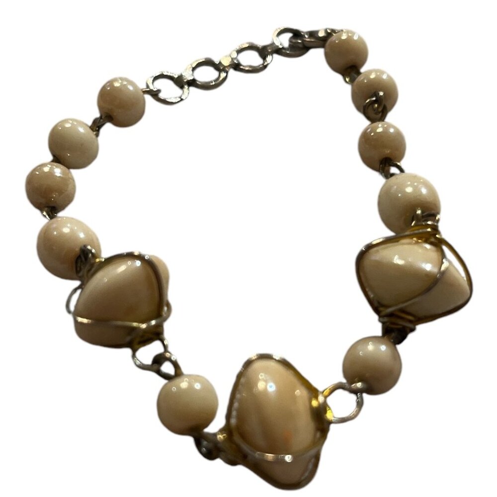 Bracelet Beaded Ivory Off White Round and Oval Shaped Beads with Silver Wire